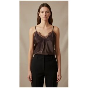 Lace Trim Satin Camisole Top Chocolate Brown Adjustable Straps RN 160656